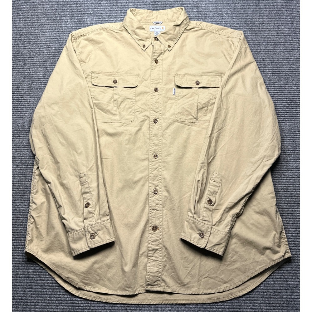 Carhartt Button Down Shirt Mens 2XL Tan Long Sleeve Relaxed Fit
